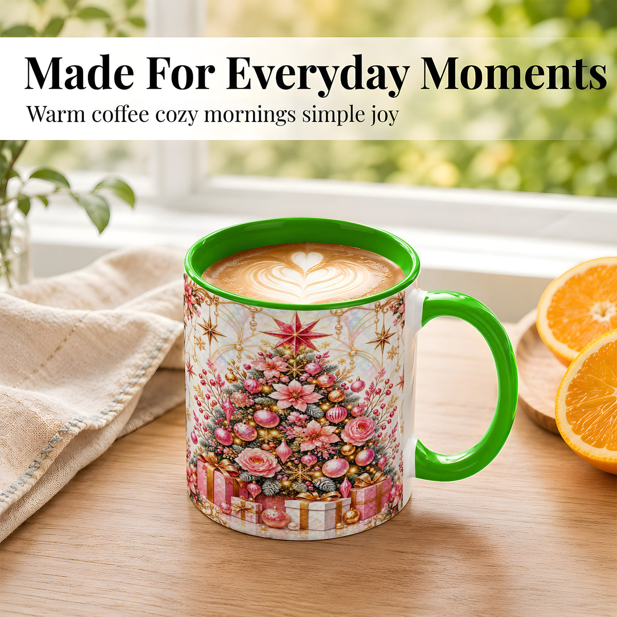 #pl[11oz|Green] Pink Christmas Tree Coffee Mug, Floral Holiday Mug, Ceramic Cup