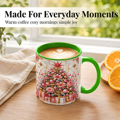#pl[11oz|Green] Pink Christmas Tree Coffee Mug, Floral Holiday Mug, Ceramic Cup