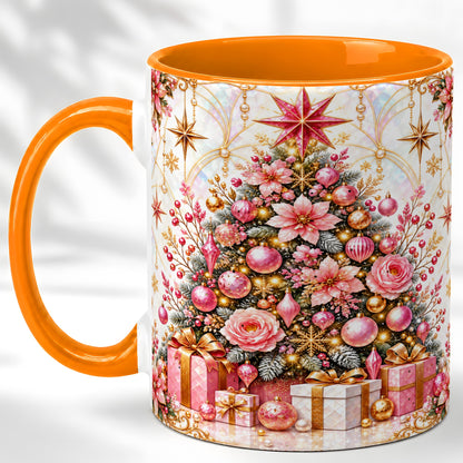 #pl[11oz|Orange] Pink Christmas Tree Coffee Mug, Floral Holiday Mug, Ceramic Cup