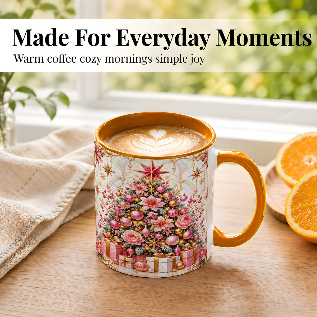 #pl[11oz|Orange] Pink Christmas Tree Coffee Mug, Floral Holiday Mug, Ceramic Cup