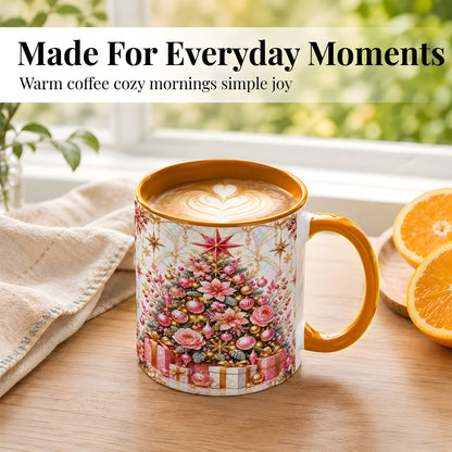 #pl[11oz|Orange] Pink Christmas Tree Coffee Mug, Floral Holiday Mug, Ceramic Cup