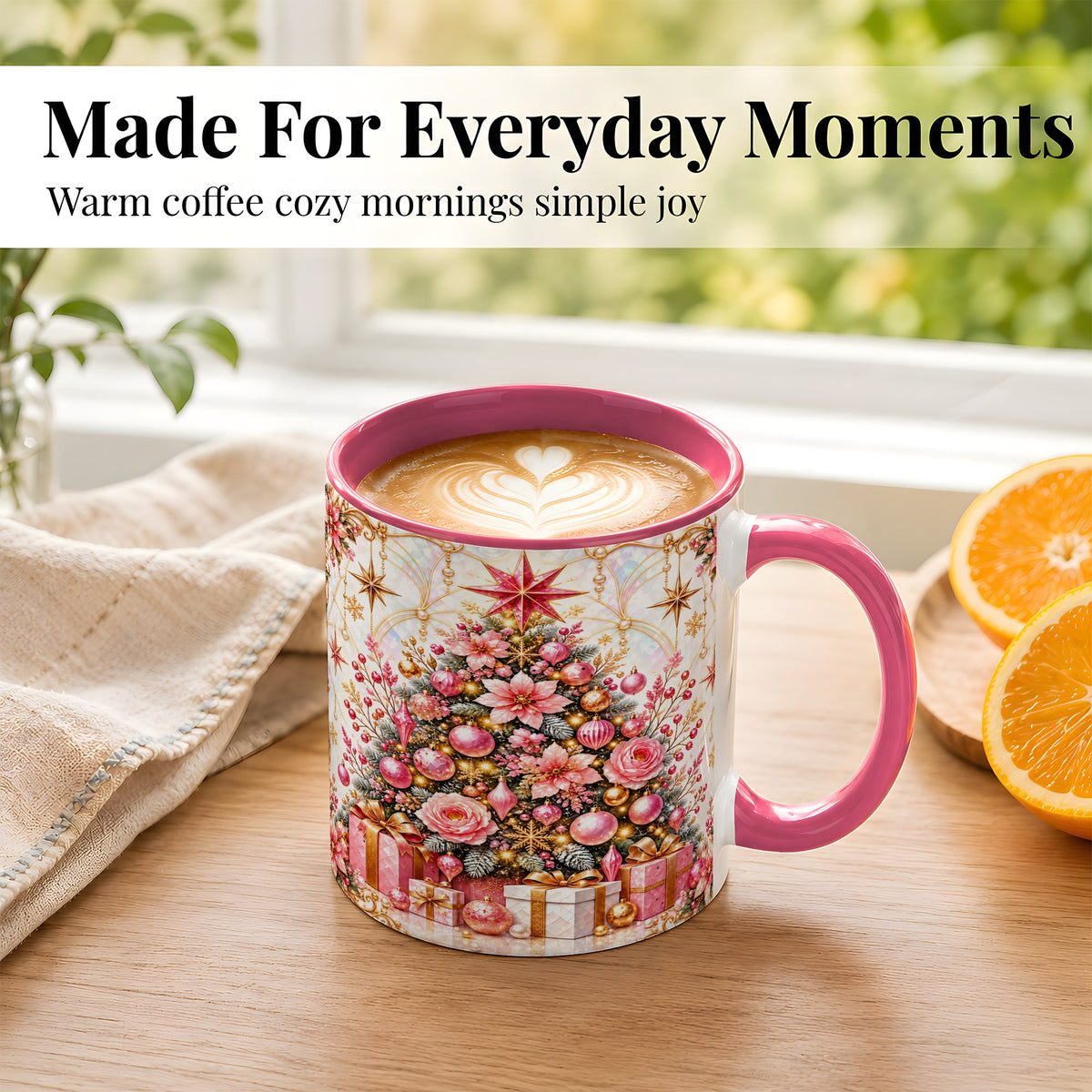 #pl[11oz|Pink] Pink Christmas Tree Coffee Mug, Floral Holiday Mug, Ceramic Cup