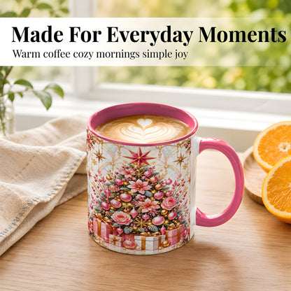 #pl[11oz|Pink] Pink Christmas Tree Coffee Mug, Floral Holiday Mug, Ceramic Cup