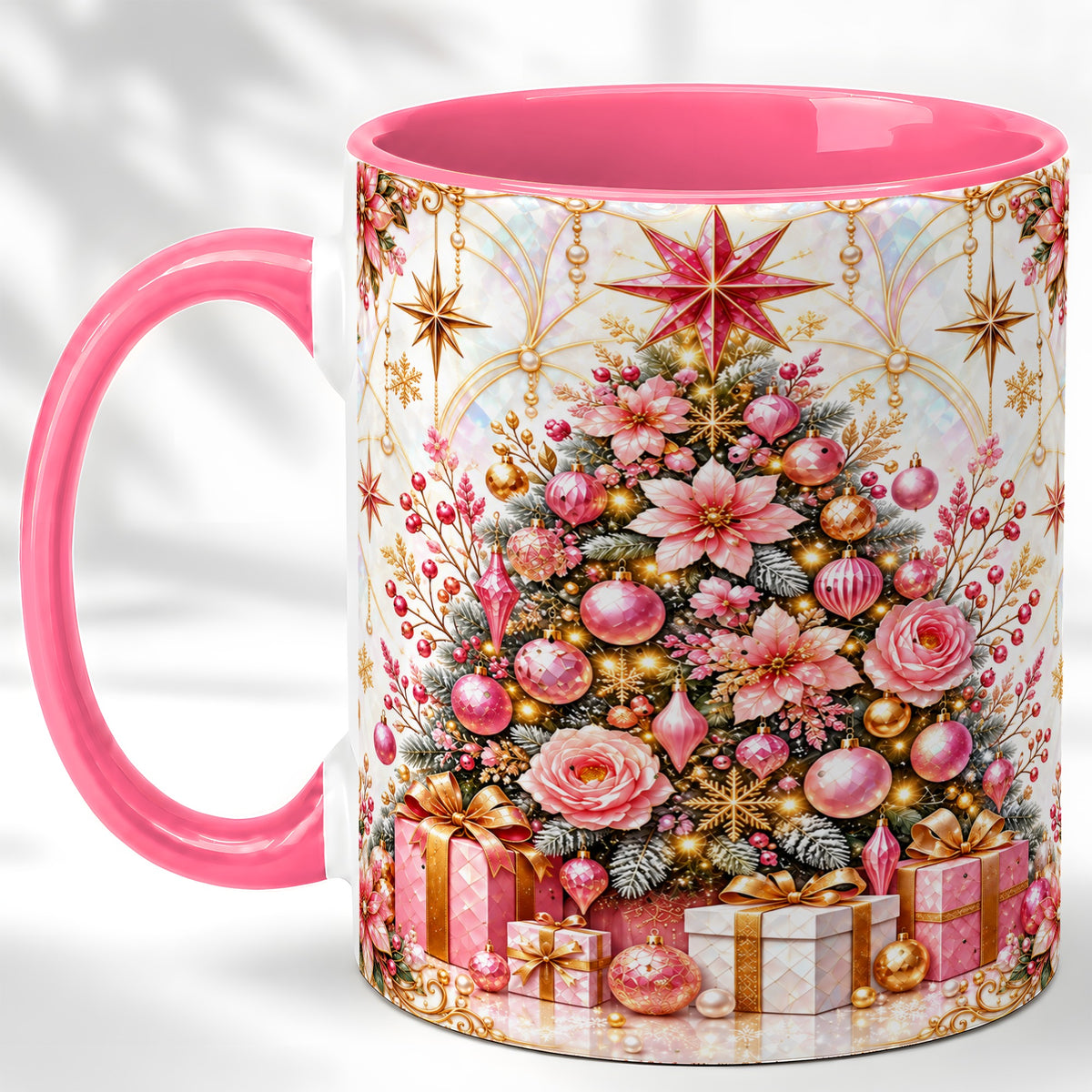 #pl[11oz|Pink] Pink Christmas Tree Coffee Mug, Floral Holiday Mug, Ceramic Cup