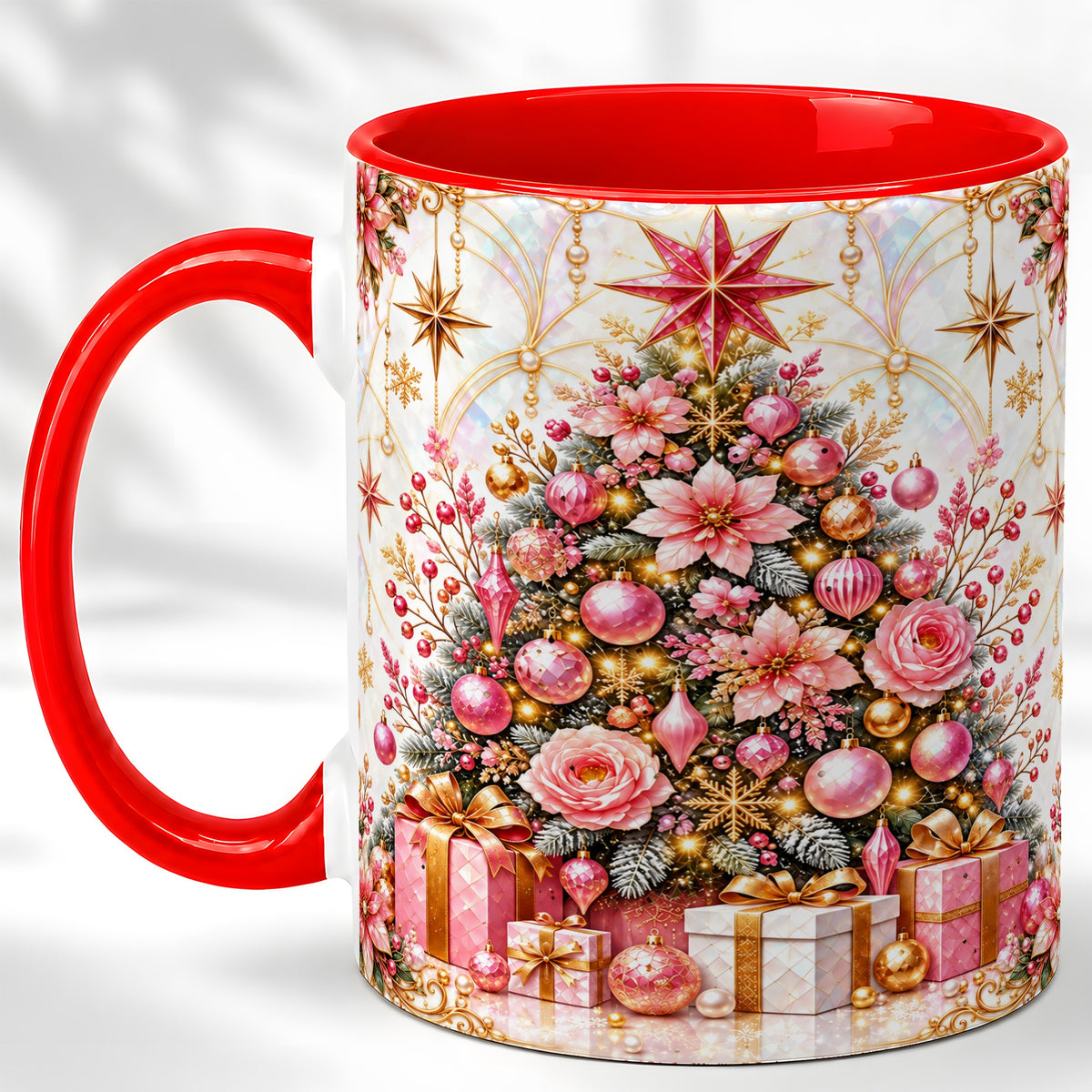 Pink Christmas Tree Coffee Mug, Floral Holiday Mug, Ceramic Cup