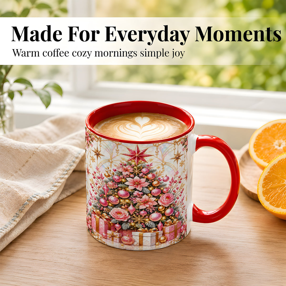 #pl[11oz|Red] Pink Christmas Tree Coffee Mug, Floral Holiday Mug, Ceramic Cup