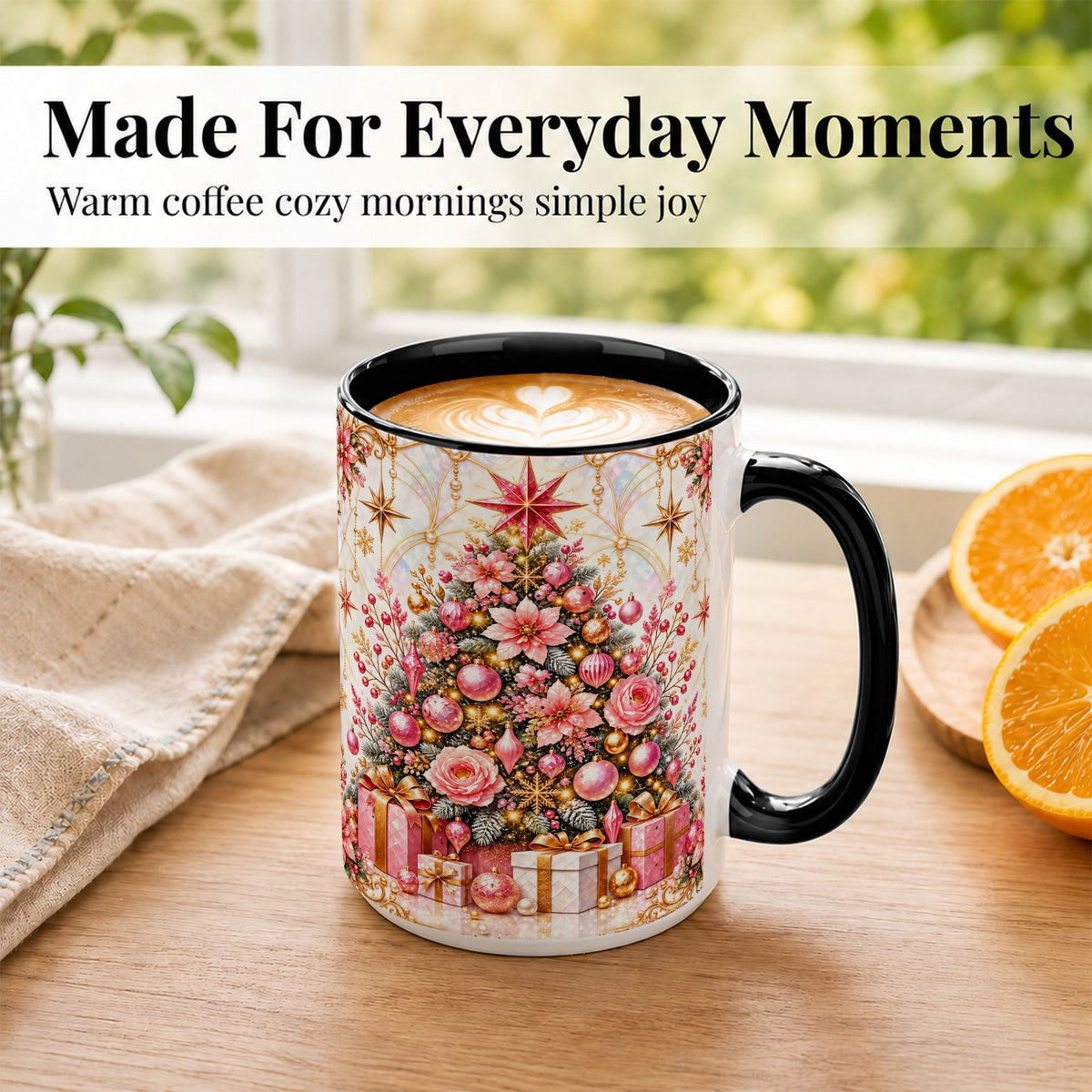 #pl[15oz|Black] Pink Christmas Tree Coffee Mug, Floral Holiday Mug, Ceramic Cup