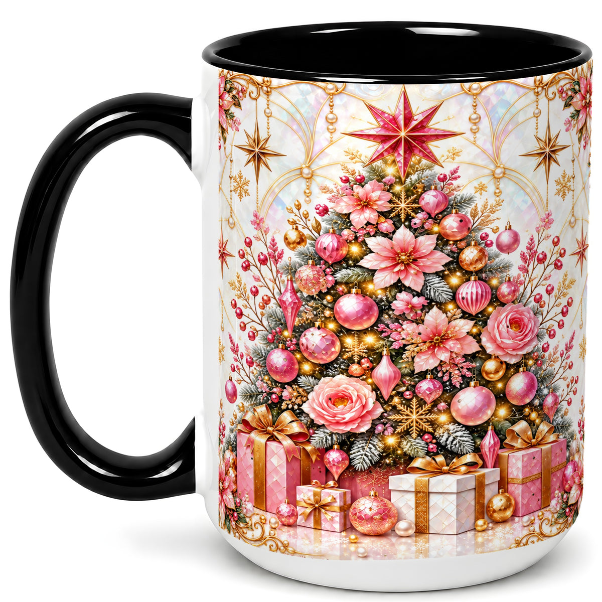#pl[15oz|Black] Pink Christmas Tree Coffee Mug, Floral Holiday Mug, Ceramic Cup