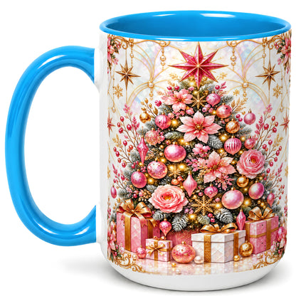 #pl[15oz|Blue] Pink Christmas Tree Coffee Mug, Floral Holiday Mug, Ceramic Cup