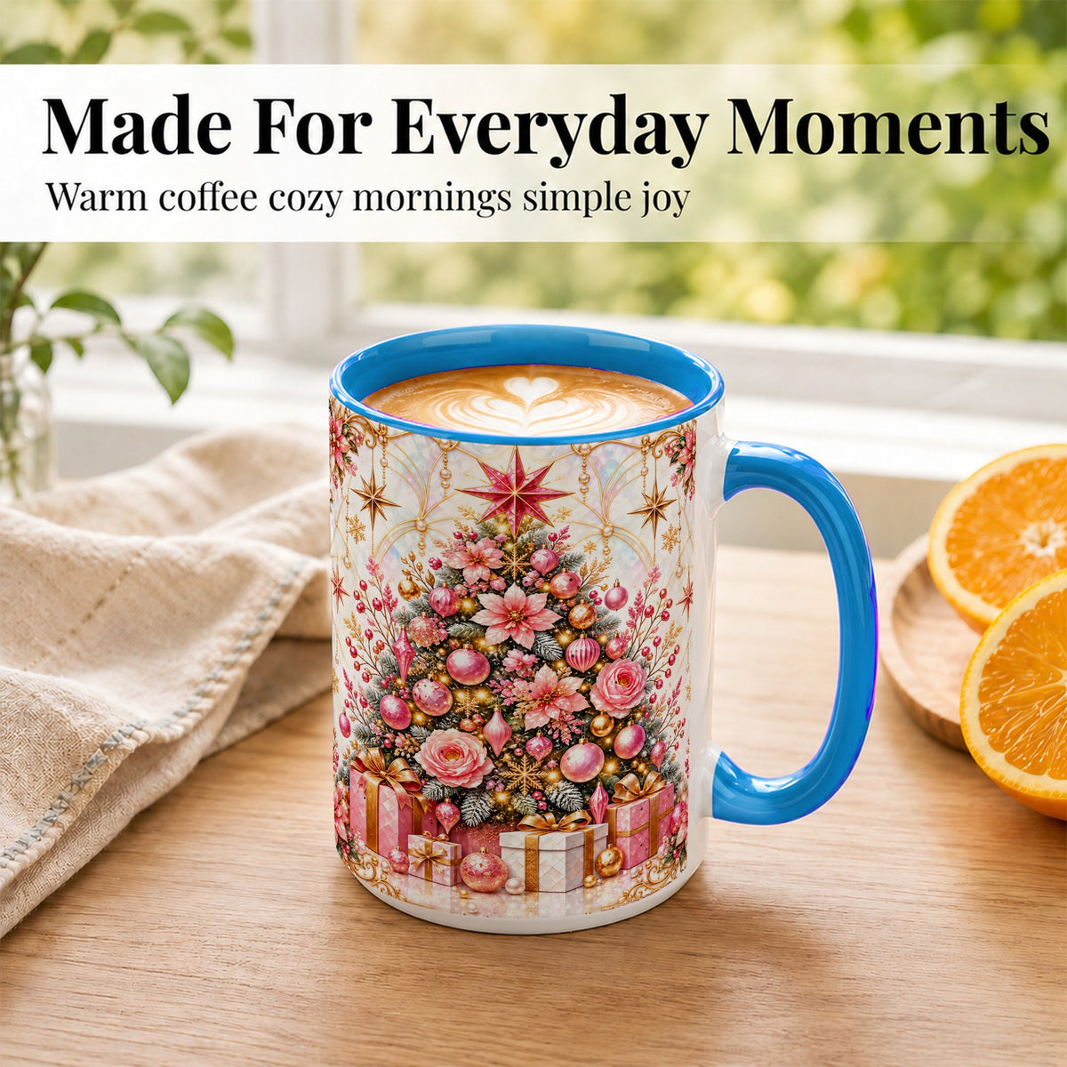 #pl[15oz|Blue] Pink Christmas Tree Coffee Mug, Floral Holiday Mug, Ceramic Cup