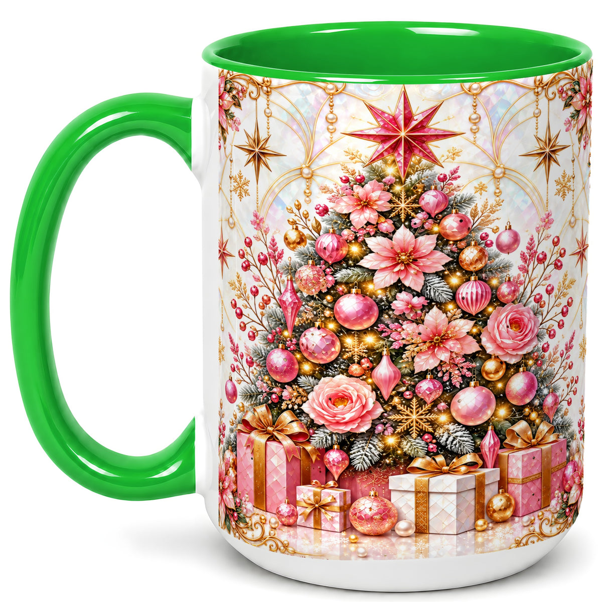 #pl[15oz|Green] Pink Christmas Tree Coffee Mug, Floral Holiday Mug, Ceramic Cup