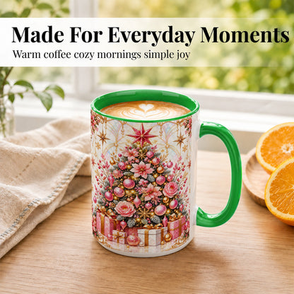 #pl[15oz|Green] Pink Christmas Tree Coffee Mug, Floral Holiday Mug, Ceramic Cup