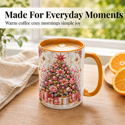 #pl[15oz|Orange] Pink Christmas Tree Coffee Mug, Floral Holiday Mug, Ceramic Cup