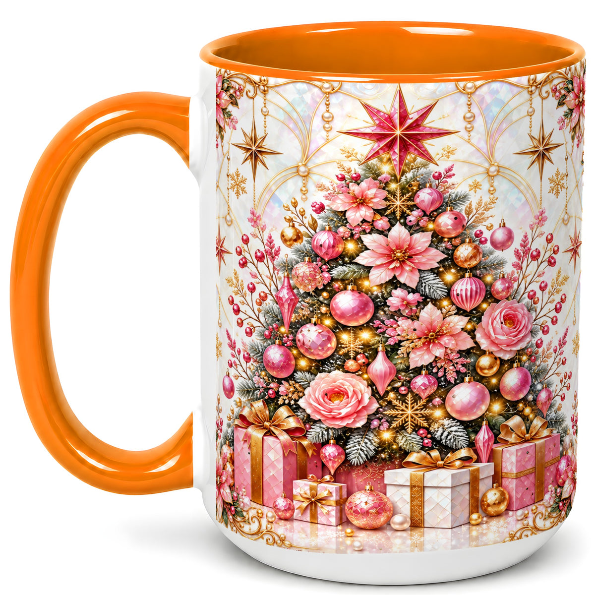 #pl[15oz|Orange] Pink Christmas Tree Coffee Mug, Floral Holiday Mug, Ceramic Cup