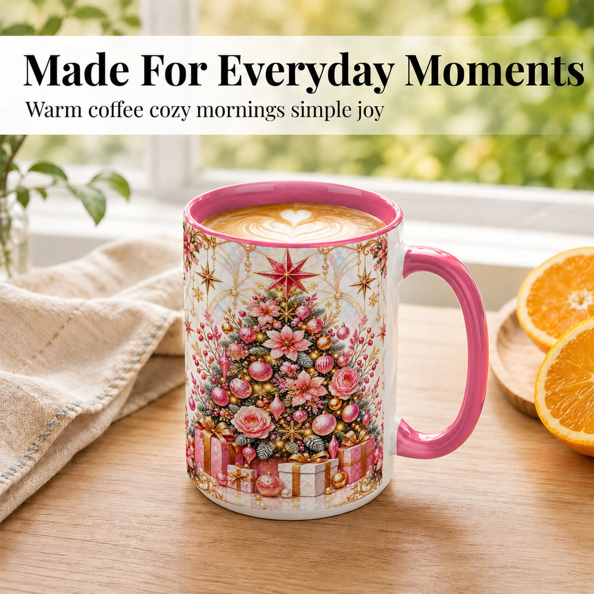 #pl[15oz|Pink] Pink Christmas Tree Coffee Mug, Floral Holiday Mug, Ceramic Cup