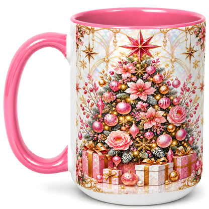 #pl[15oz|Pink] Pink Christmas Tree Coffee Mug, Floral Holiday Mug, Ceramic Cup