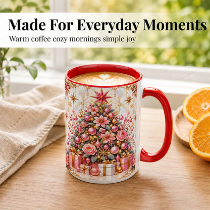 #pl[15oz|Red] Pink Christmas Tree Coffee Mug, Floral Holiday Mug, Ceramic Cup