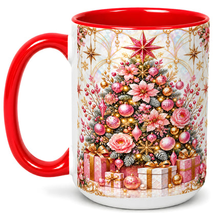 #pl[15oz|Red] Pink Christmas Tree Coffee Mug, Floral Holiday Mug, Ceramic Cup