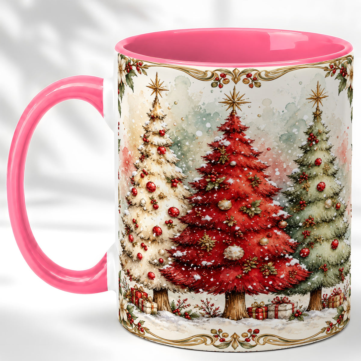 #pl[11oz|Pink] Christmas Tree Coffee Mug, Holiday Forest Mug, Ceramic Cup