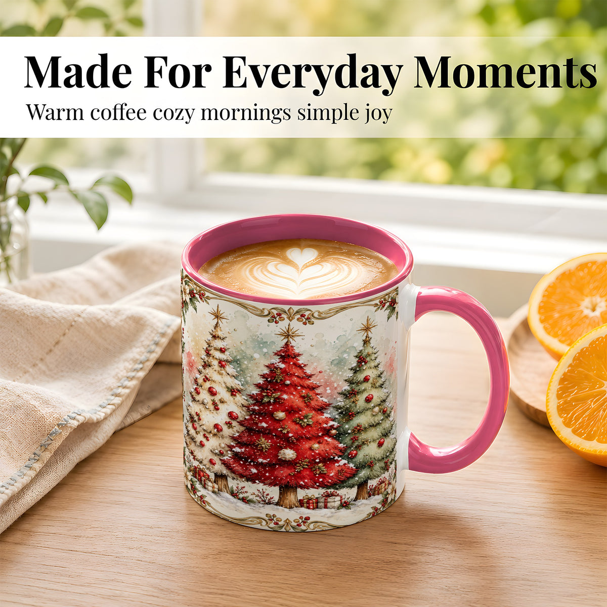 #pl[11oz|Pink] Christmas Tree Coffee Mug, Holiday Forest Mug, Ceramic Cup