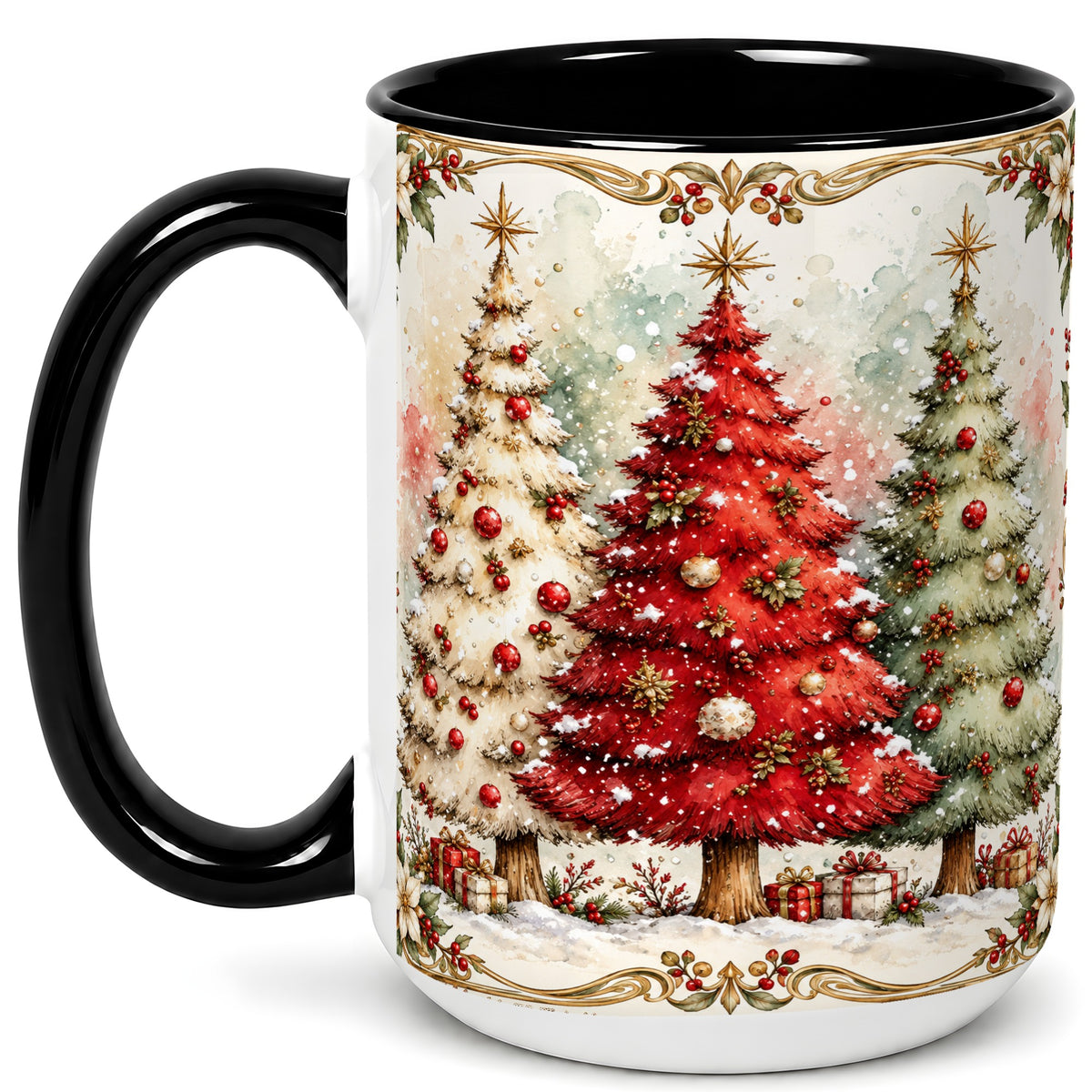 #pl[15oz|Black] Christmas Tree Coffee Mug, Holiday Forest Mug, Ceramic Cup