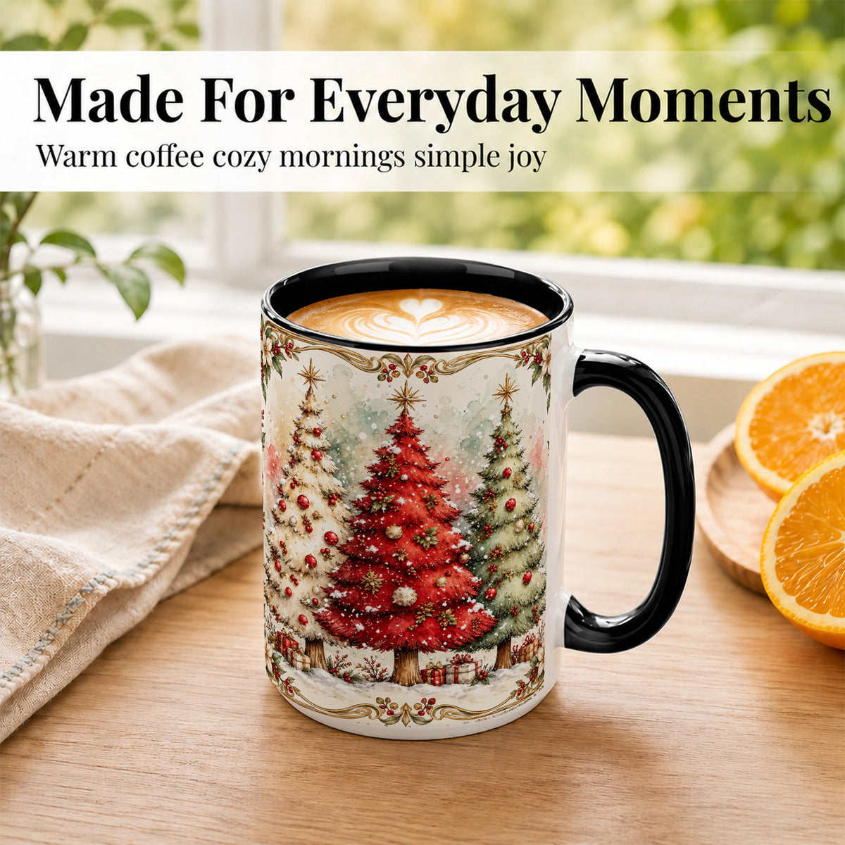 #pl[15oz|Black] Christmas Tree Coffee Mug, Holiday Forest Mug, Ceramic Cup
