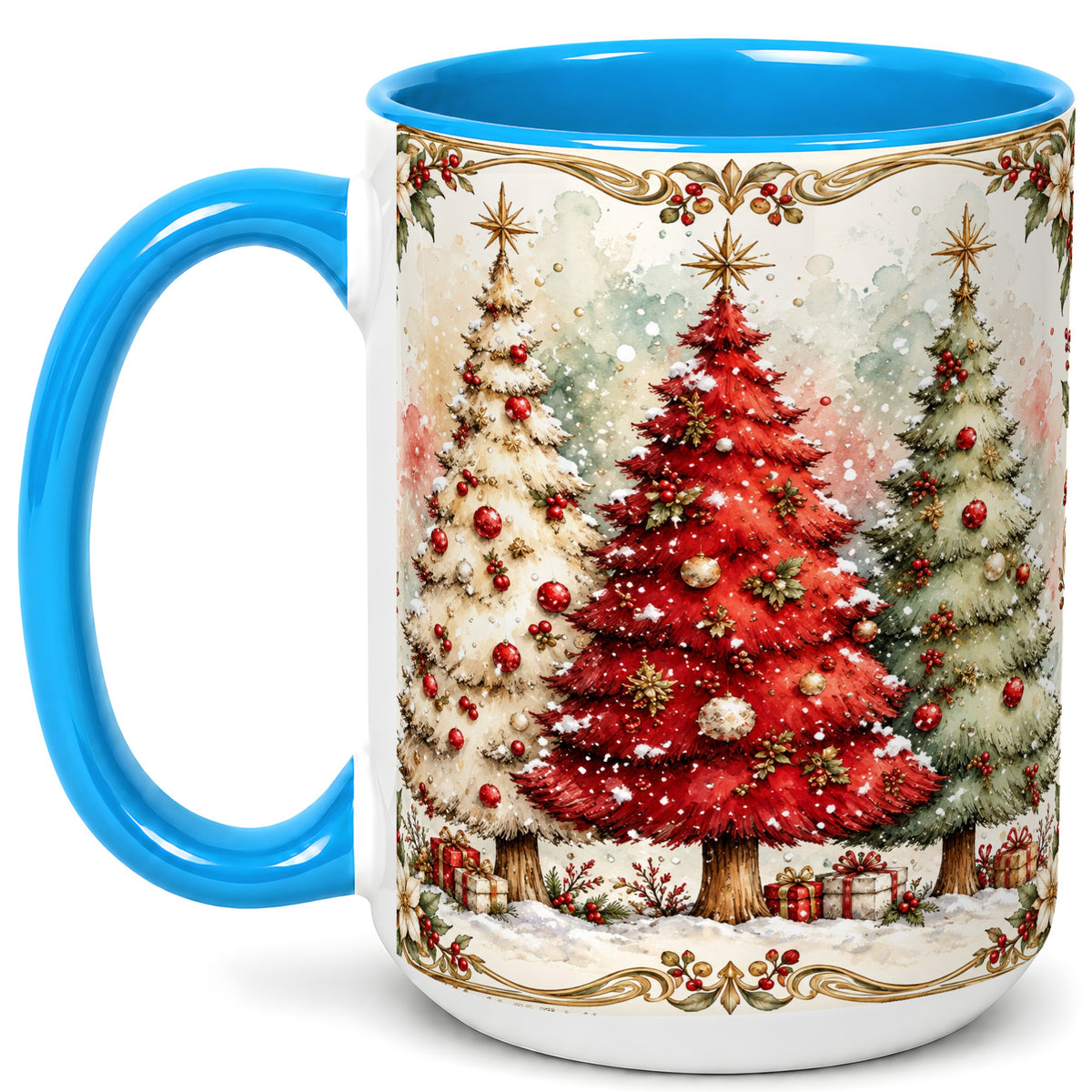 #pl[15oz|Blue] Christmas Tree Coffee Mug, Holiday Forest Mug, Ceramic Cup