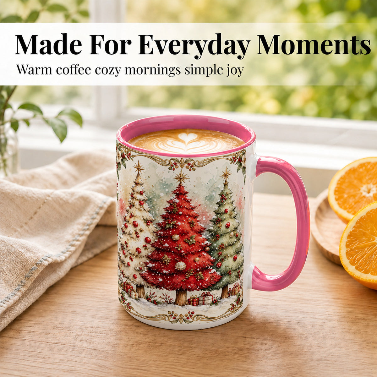 #pl[15oz|Pink] Christmas Tree Coffee Mug, Holiday Forest Mug, Ceramic Cup
