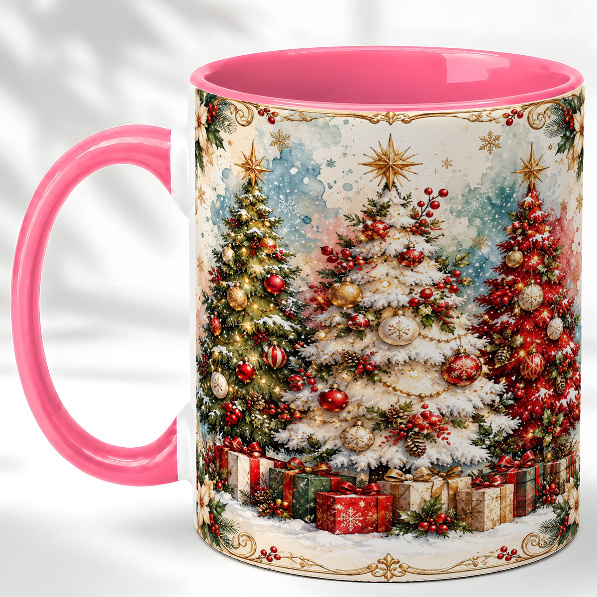 #pl[11oz|Pink] Decorated Christmas Tree Coffee Mug, Holiday Mug, Ceramic Cup