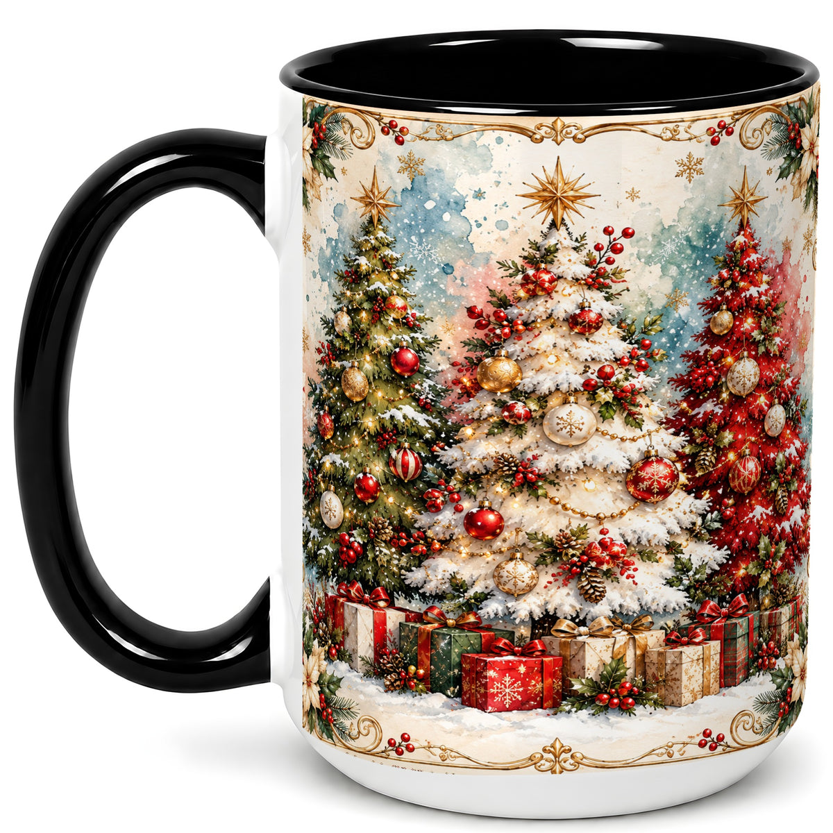 #pl[15oz|Black] Decorated Christmas Tree Coffee Mug, Holiday Mug, Ceramic Cup