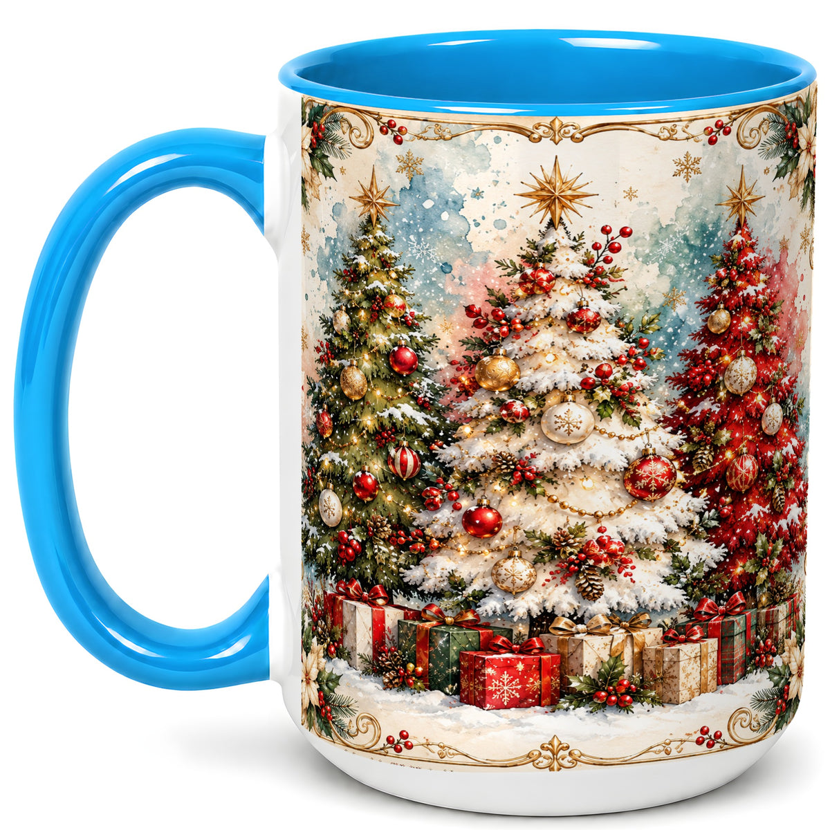 #pl[15oz|Blue] Decorated Christmas Tree Coffee Mug, Holiday Mug, Ceramic Cup
