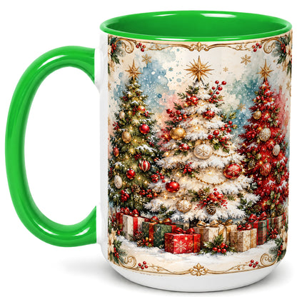 #pl[15oz|Green] Decorated Christmas Tree Coffee Mug, Holiday Mug, Ceramic Cup