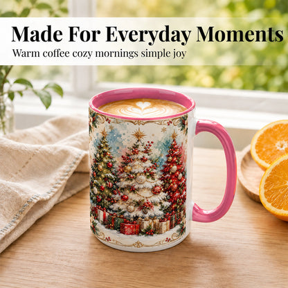 #pl[15oz|Pink] Decorated Christmas Tree Coffee Mug, Holiday Mug, Ceramic Cup