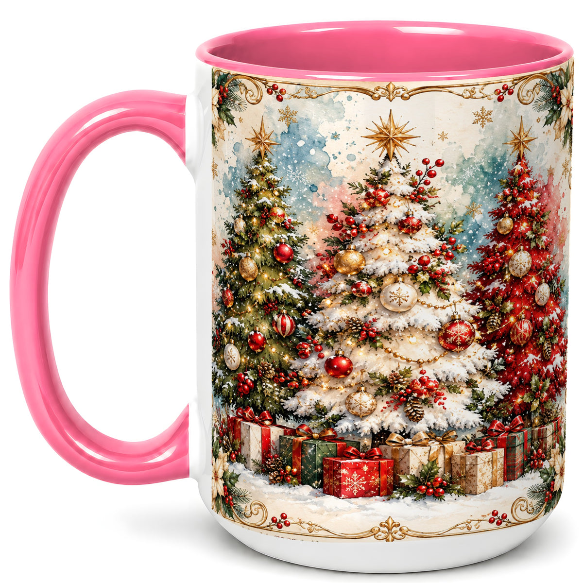 #pl[15oz|Pink] Decorated Christmas Tree Coffee Mug, Holiday Mug, Ceramic Cup