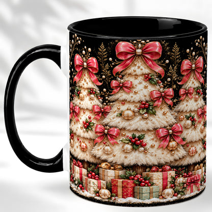 #pl[11oz|Black] Pink Bow Christmas Tree Coffee Mug, Festive Mug, Ceramic Cup