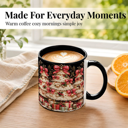 #pl[11oz|Black] Pink Bow Christmas Tree Coffee Mug, Festive Mug, Ceramic Cup