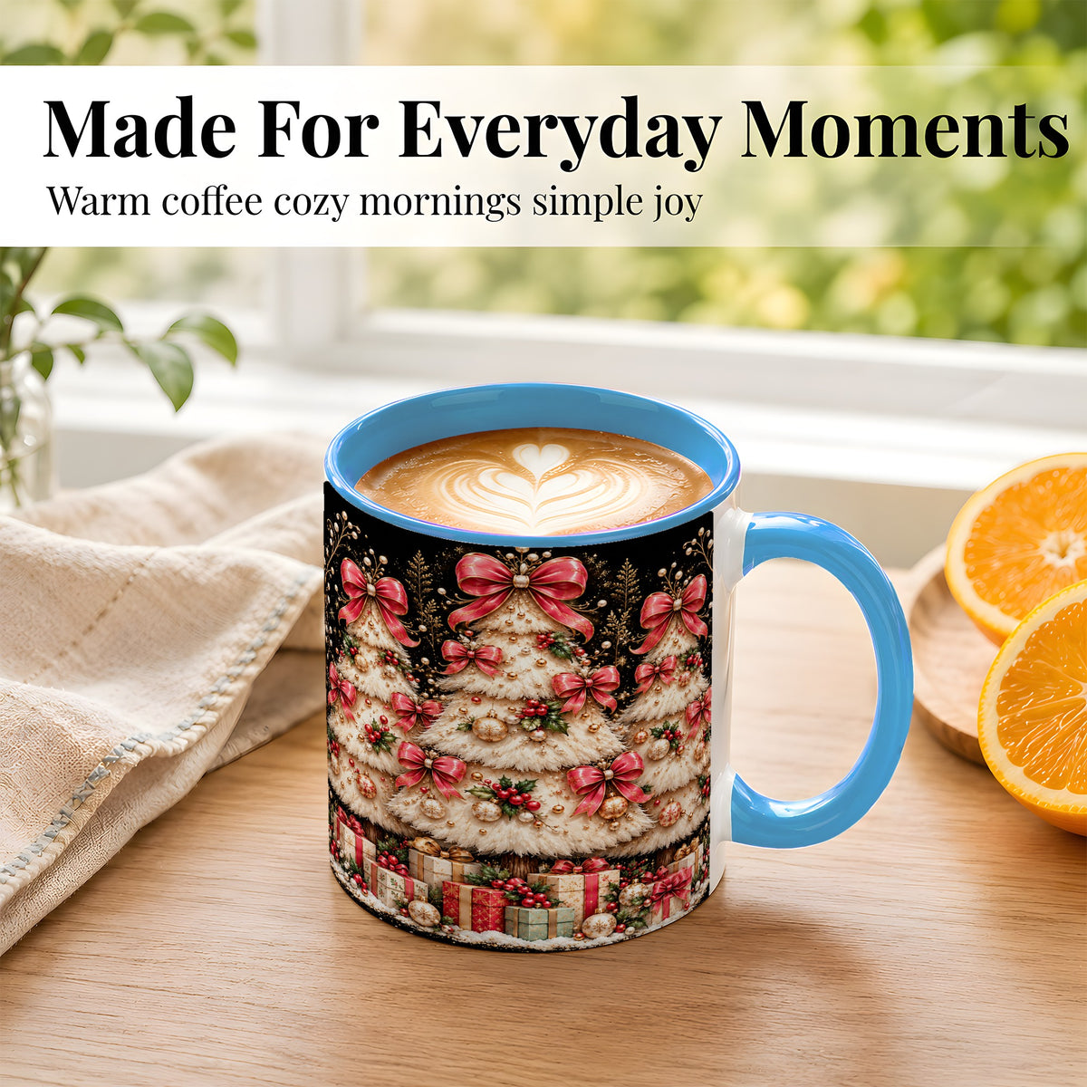 #pl[11oz|Blue] Pink Bow Christmas Tree Coffee Mug, Festive Mug, Ceramic Cup