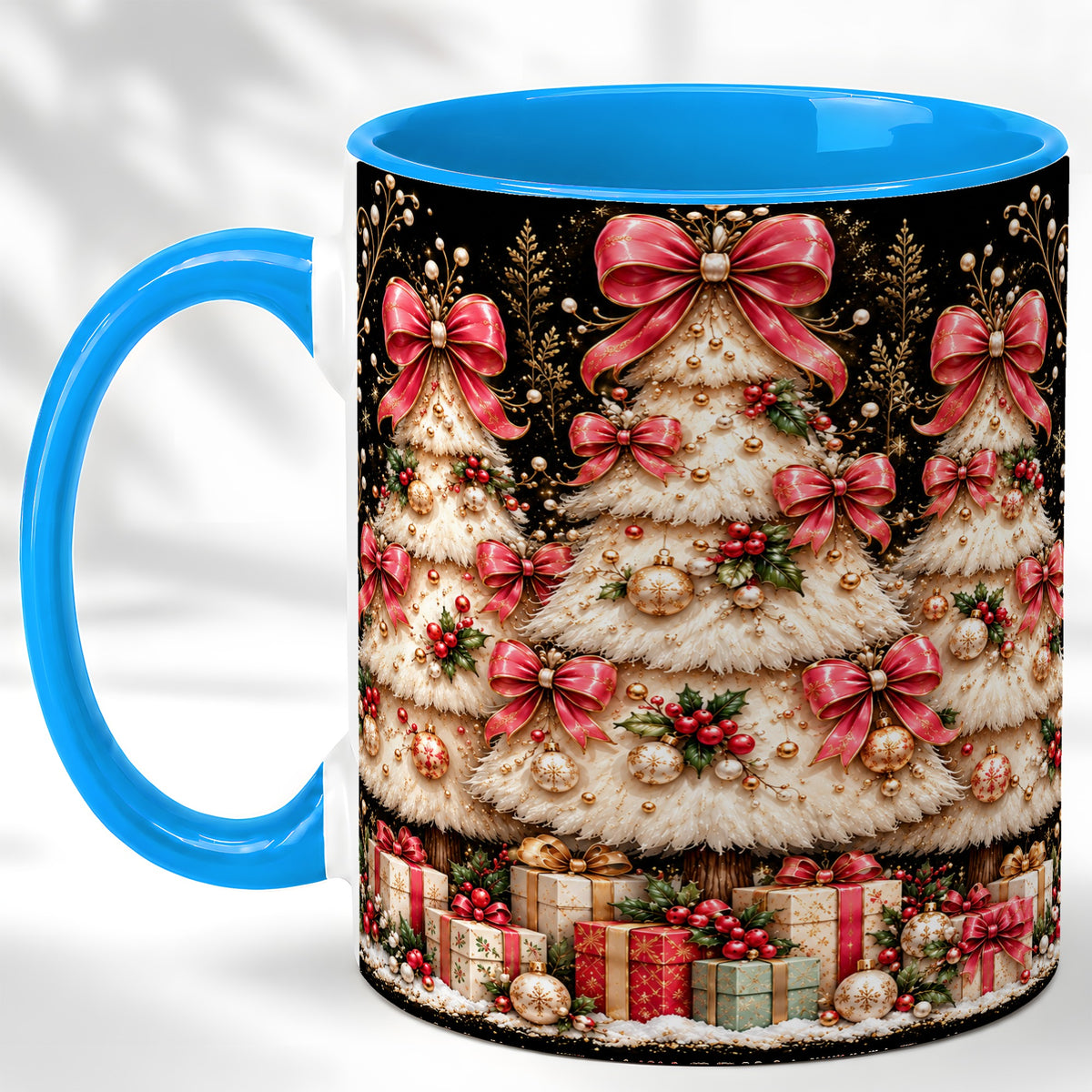 #pl[11oz|Blue] Pink Bow Christmas Tree Coffee Mug, Festive Mug, Ceramic Cup