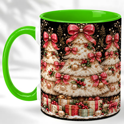 #pl[11oz|Green] Pink Bow Christmas Tree Coffee Mug, Festive Mug, Ceramic Cup