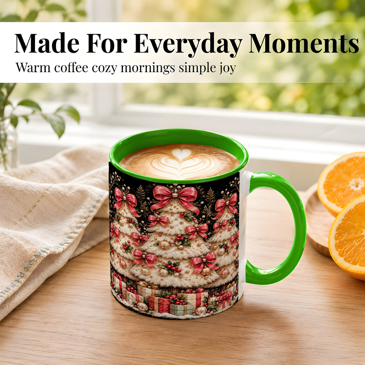#pl[11oz|Green] Pink Bow Christmas Tree Coffee Mug, Festive Mug, Ceramic Cup