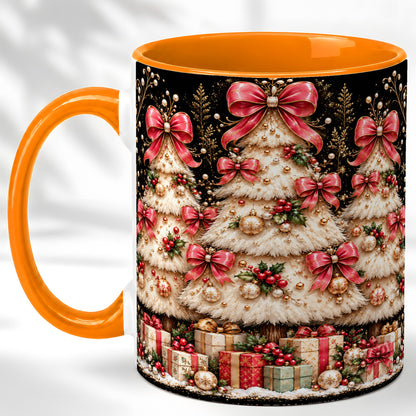 #pl[11oz|Orange] Pink Bow Christmas Tree Coffee Mug, Festive Mug, Ceramic Cup