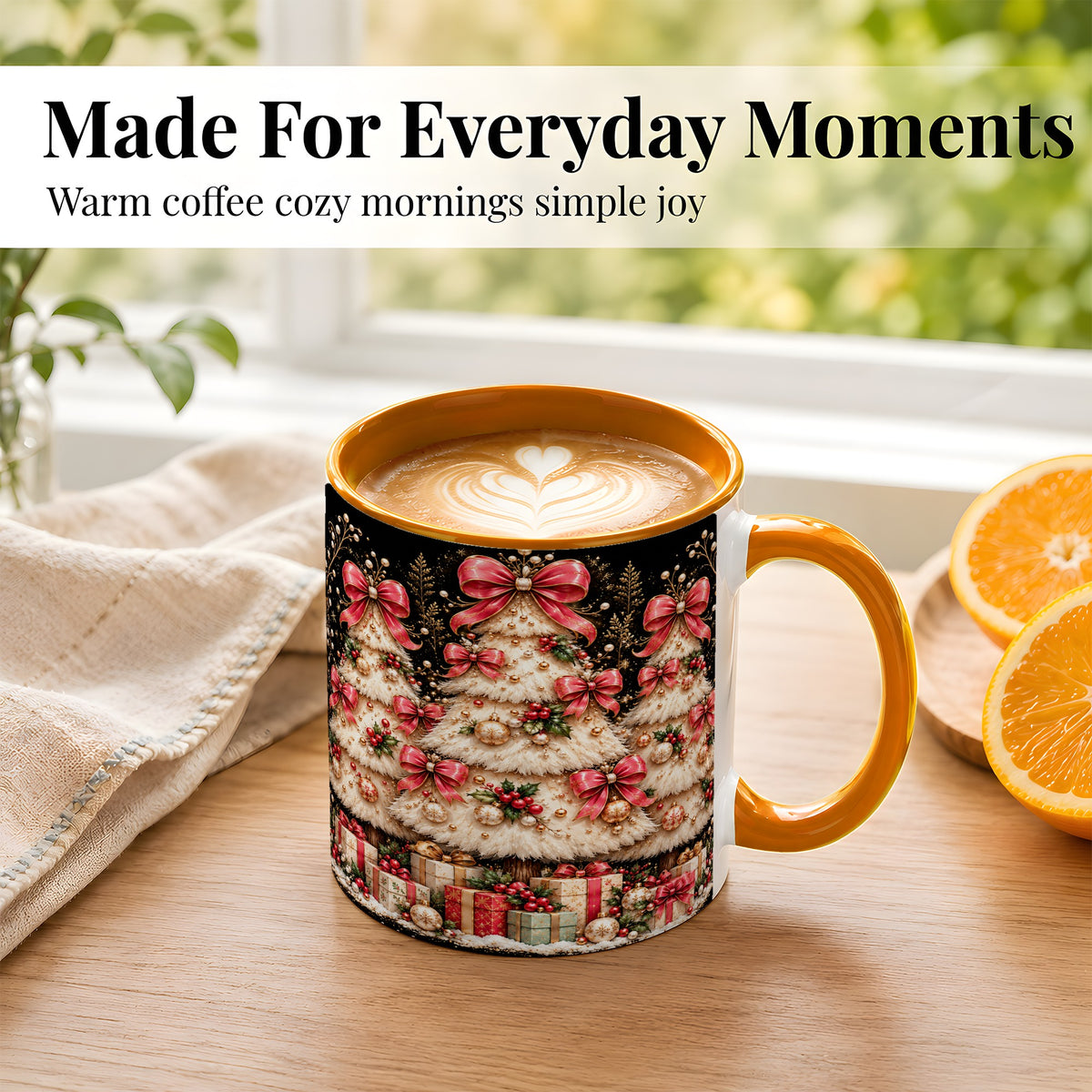 #pl[11oz|Orange] Pink Bow Christmas Tree Coffee Mug, Festive Mug, Ceramic Cup