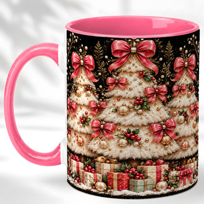 #pl[11oz|Pink] Pink Bow Christmas Tree Coffee Mug, Festive Mug, Ceramic Cup