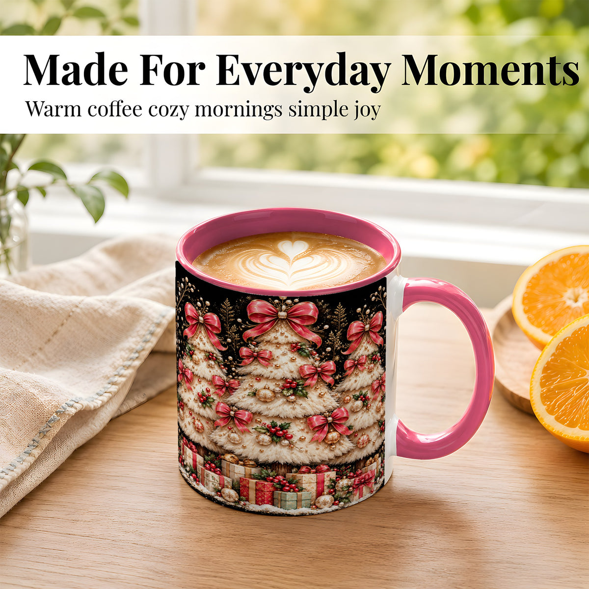 #pl[11oz|Pink] Pink Bow Christmas Tree Coffee Mug, Festive Mug, Ceramic Cup