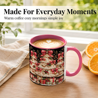 #pl[11oz|Pink] Pink Bow Christmas Tree Coffee Mug, Festive Mug, Ceramic Cup