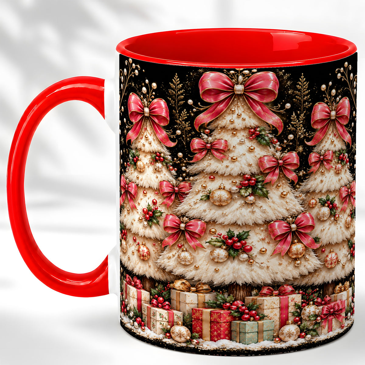 Pink Bow Christmas Tree Coffee Mug, Festive Mug, Ceramic Cup