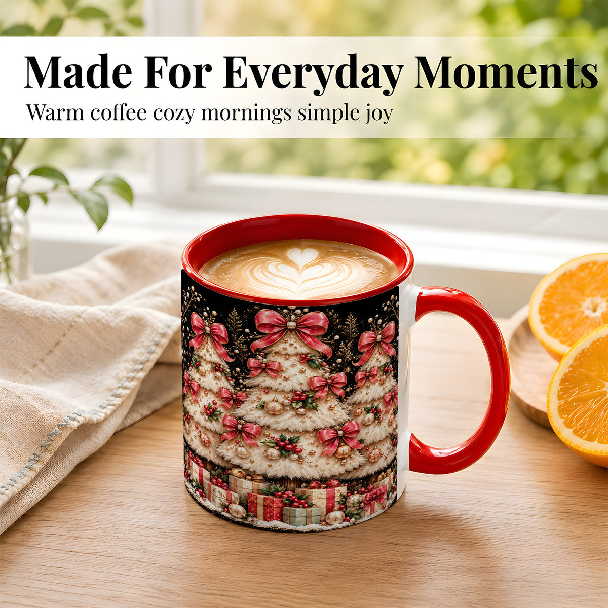 #pl[11oz|Red] Pink Bow Christmas Tree Coffee Mug, Festive Mug, Ceramic Cup