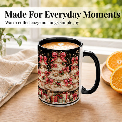 #pl[15oz|Black] Pink Bow Christmas Tree Coffee Mug, Festive Mug, Ceramic Cup
