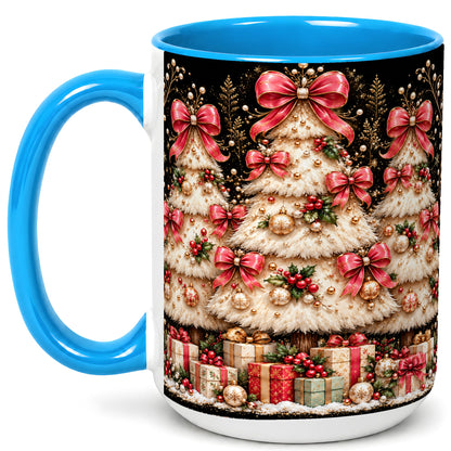 #pl[15oz|Blue] Pink Bow Christmas Tree Coffee Mug, Festive Mug, Ceramic Cup