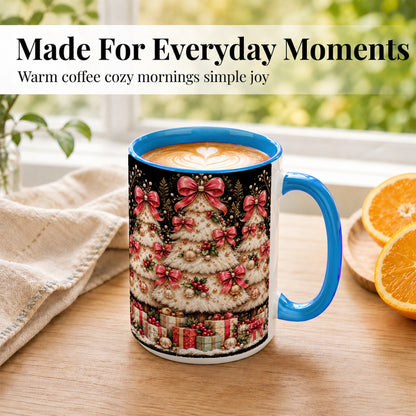 #pl[15oz|Blue] Pink Bow Christmas Tree Coffee Mug, Festive Mug, Ceramic Cup